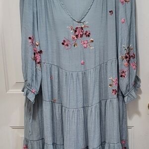 HOPE SPRINGS Floral Embroidered Tiered Blue Dress Size XXL